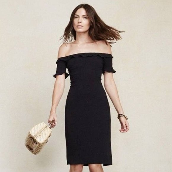 Reformation Antonia Dress Ruffle Off The Shoulder Midi Dress in Black Size 4 - Picture 2 of 2